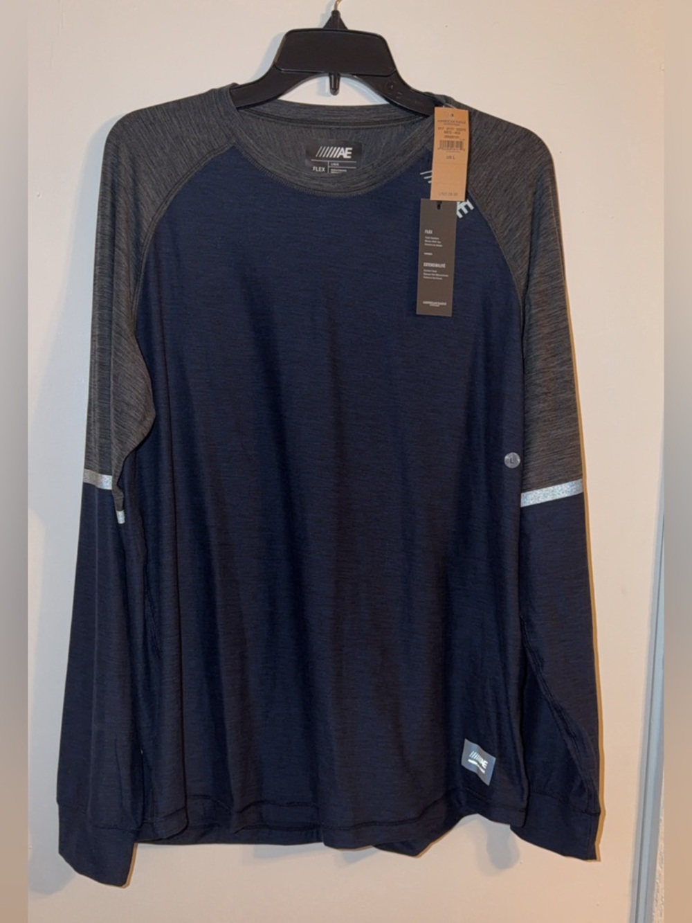 American Eagle Outfitters Navy and Gray Raglan Long-Sleeve Performance Tee